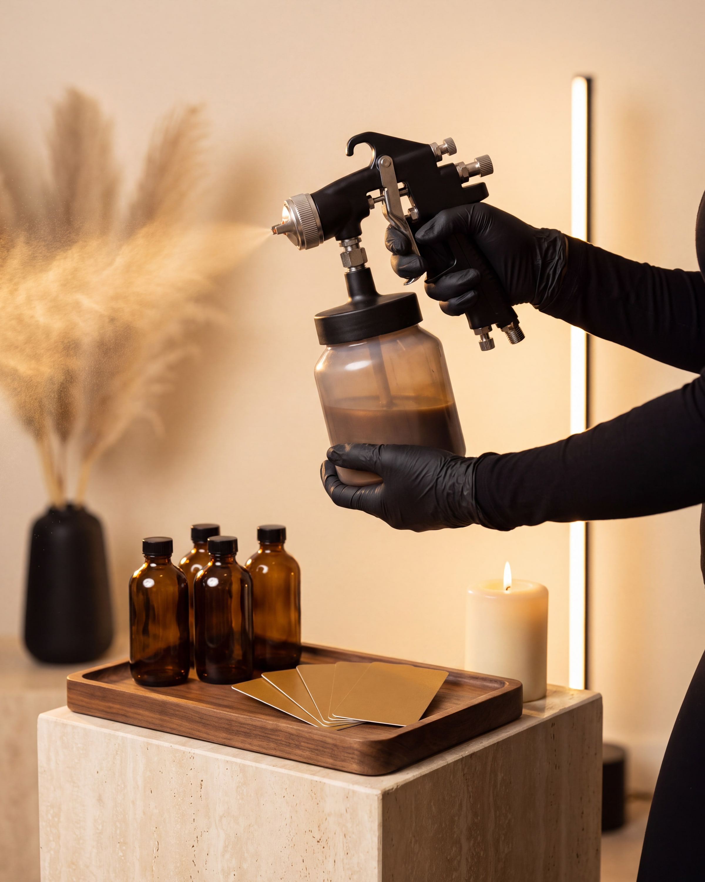 Gloved hands of a Sunkiss Studios artist holding an airbrush beside a walnut tray of amber glass bottles