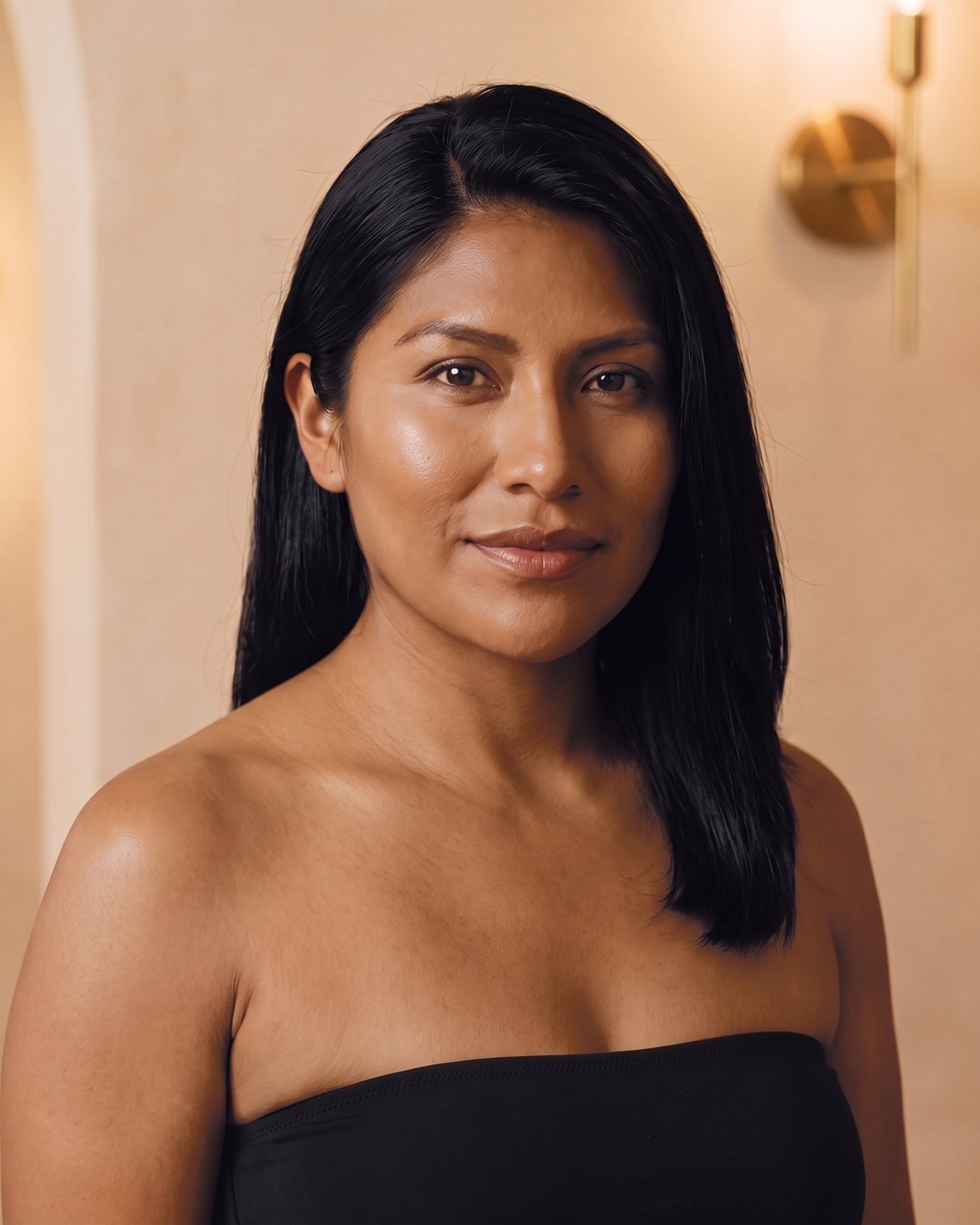 AI rendering: a woman with olive skin and long, sleek black hair, untanned, before a custom spray tan