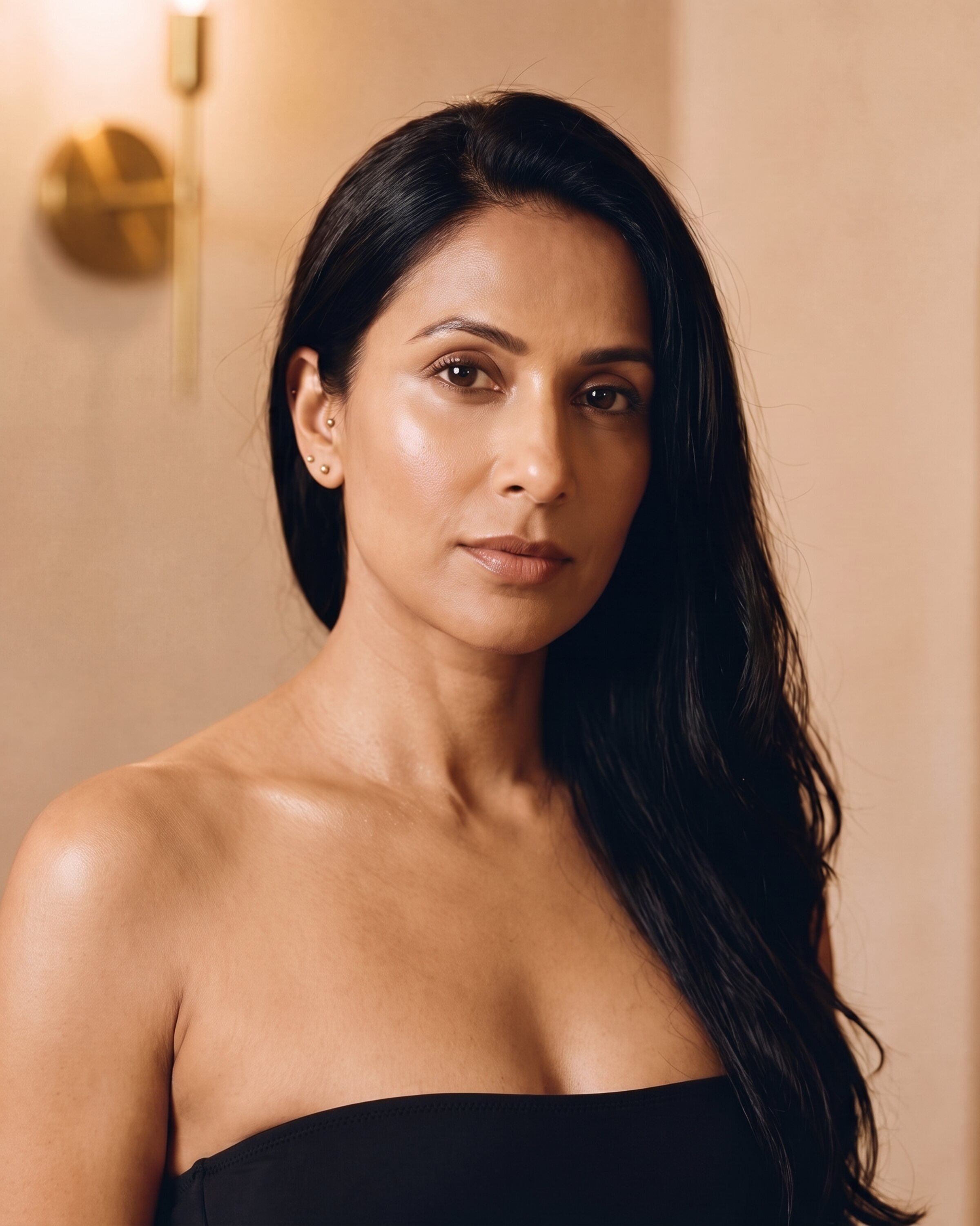 AI rendering: a woman with warm beige skin and long black hair, untanned, before a custom spray tan