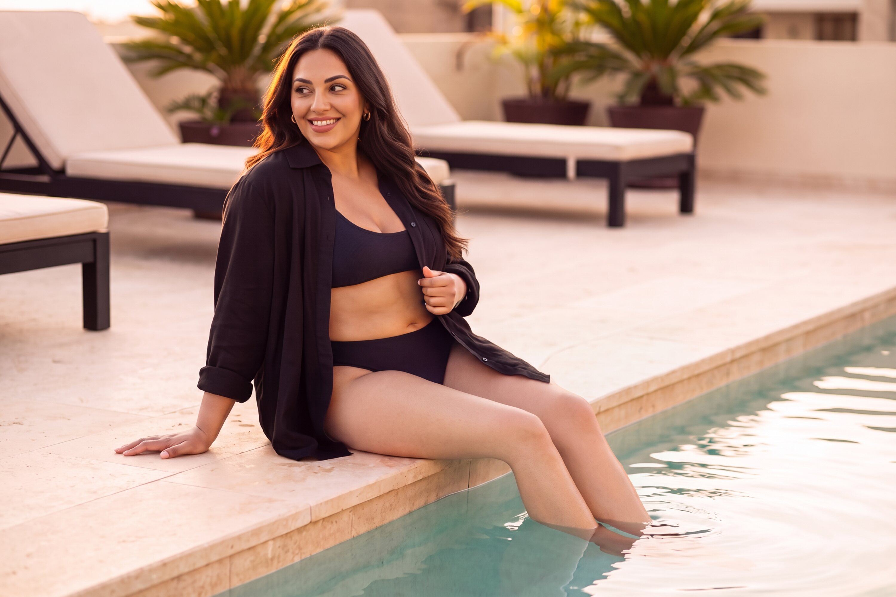 AI rendering: a woman with long dark waves sitting at the edge of a pool, untanned, before a custom spray tan