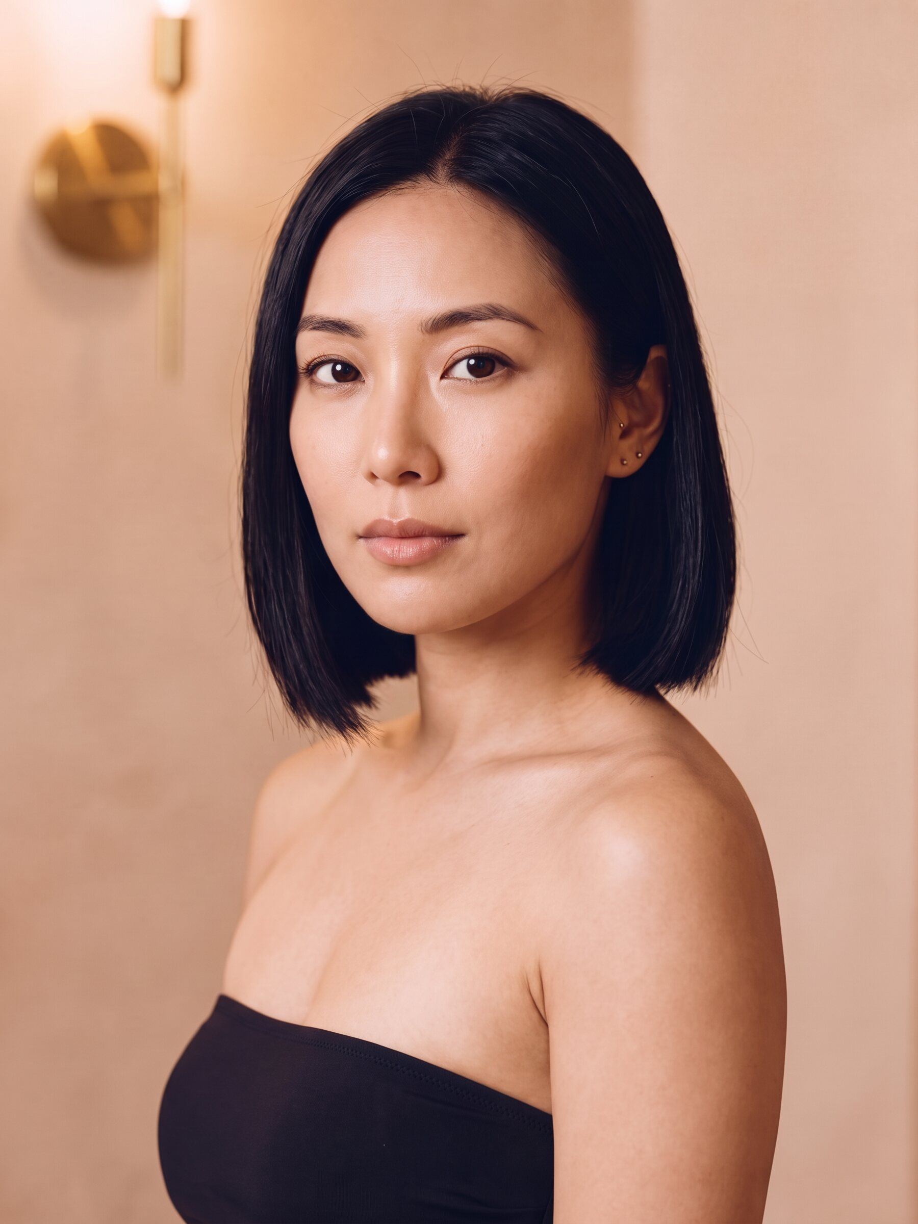 AI rendering: a woman with light-medium skin and a sleek black bob, untanned, before a custom spray tan