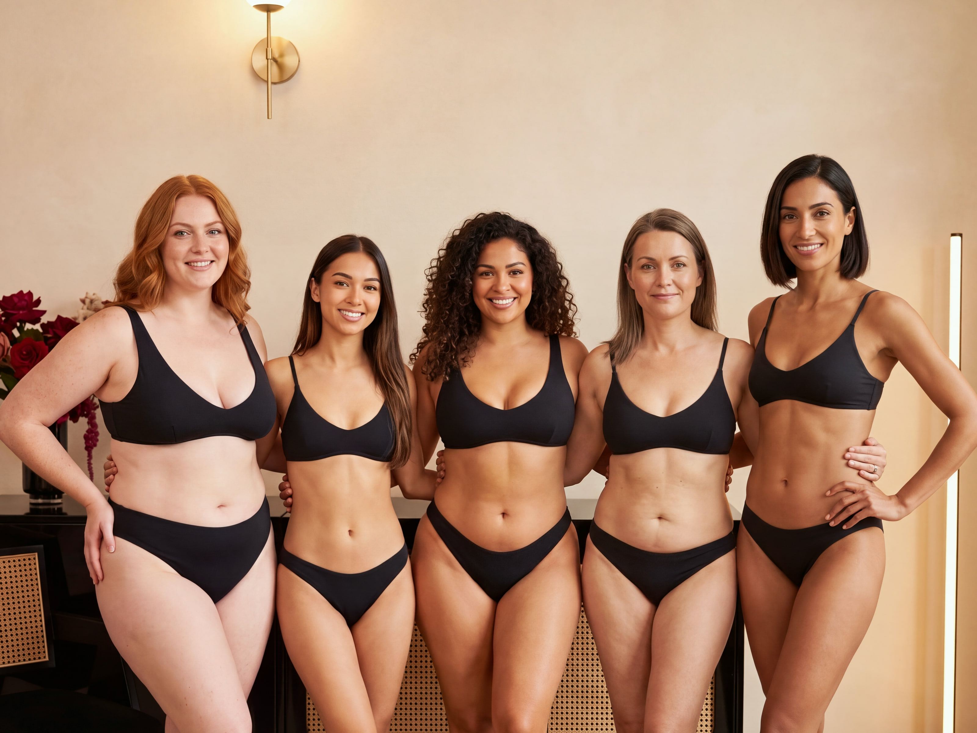 Five women with skin tones from fair to medium olive, each in a black bikini with a golden custom tan, standing together in a cream studio