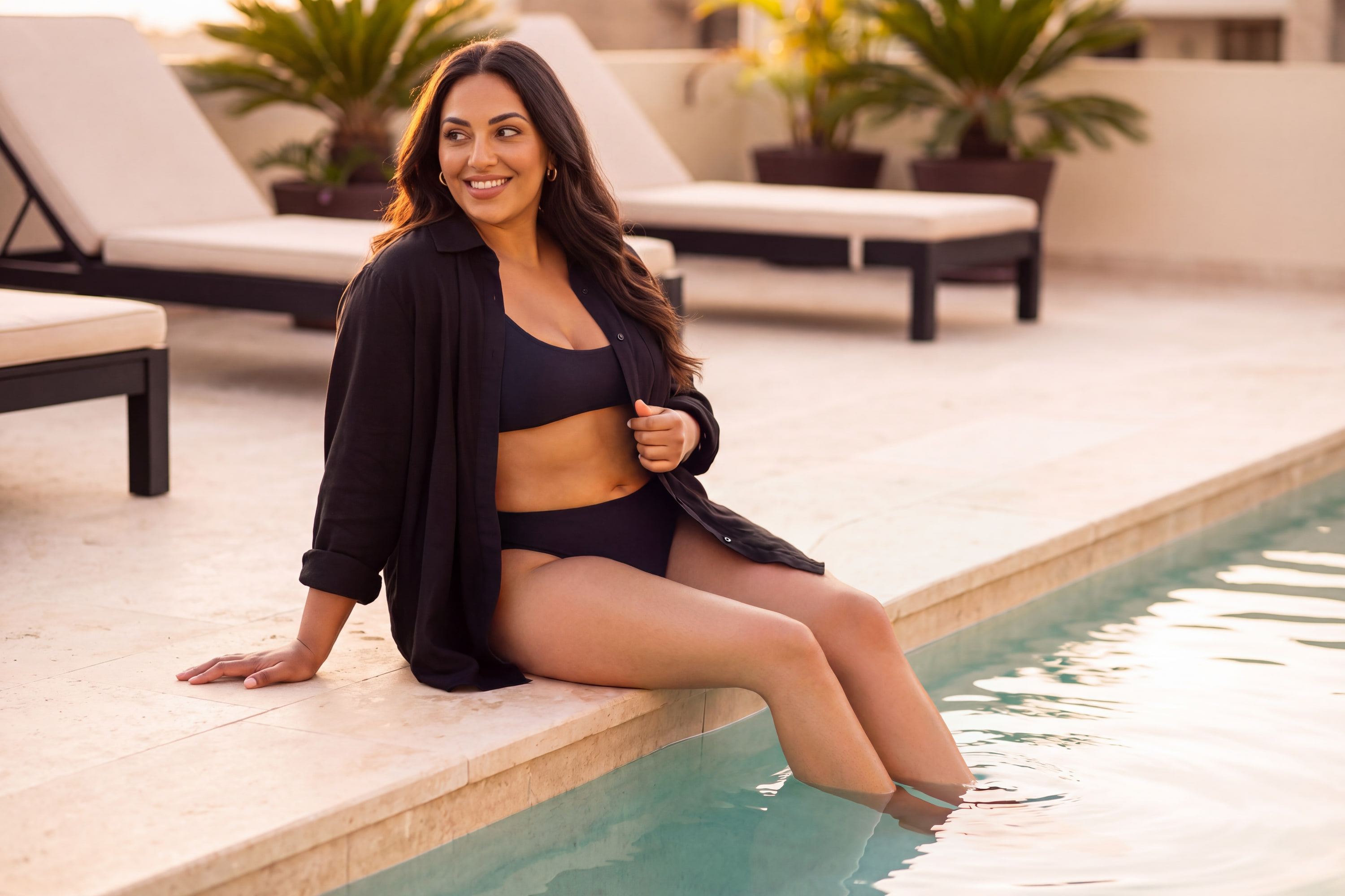 AI rendering: the same woman at the pool after a full-body custom spray tan