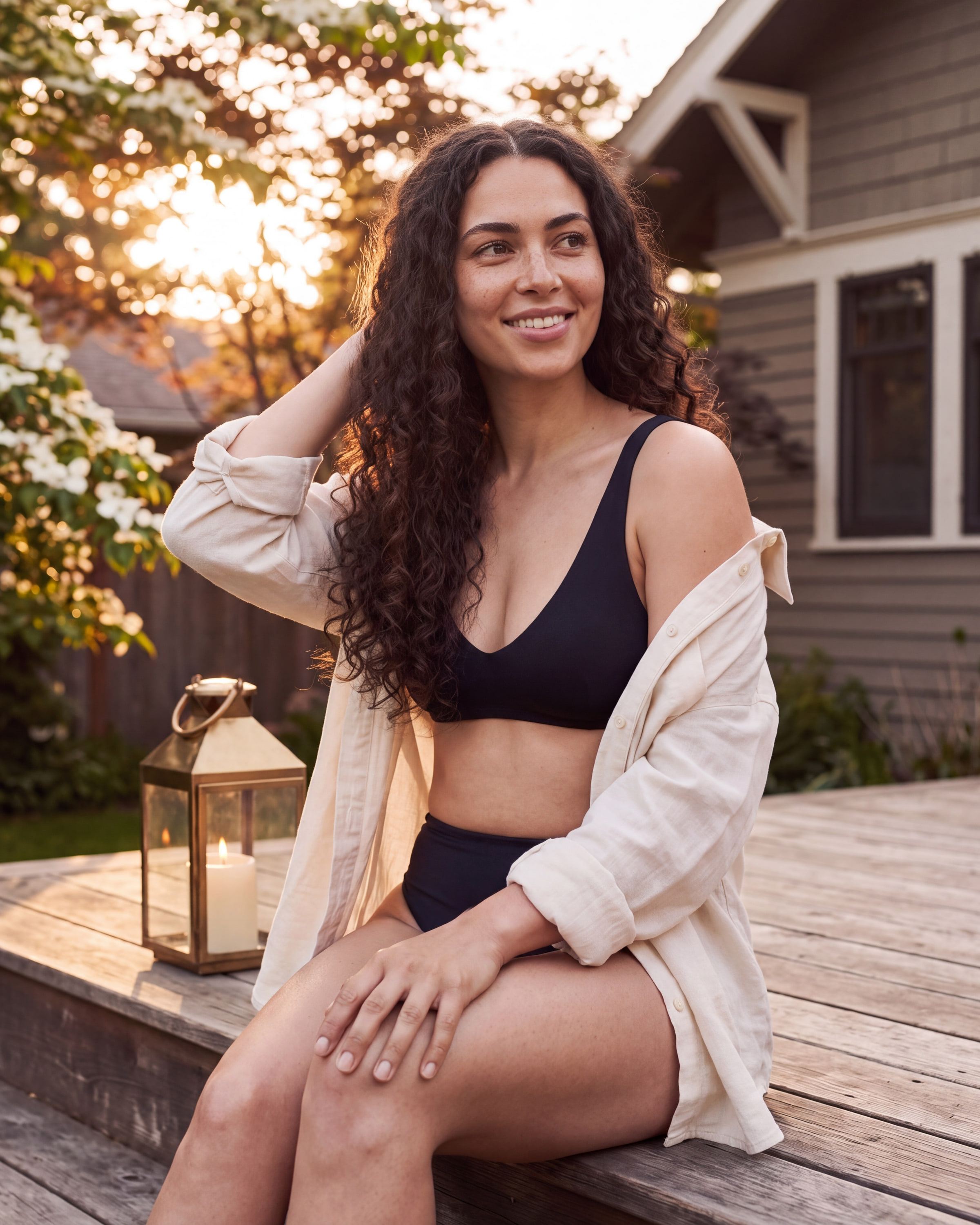 Woman with a warm golden tan relaxing on a cedar deck in a leafy backyard garden at golden hour