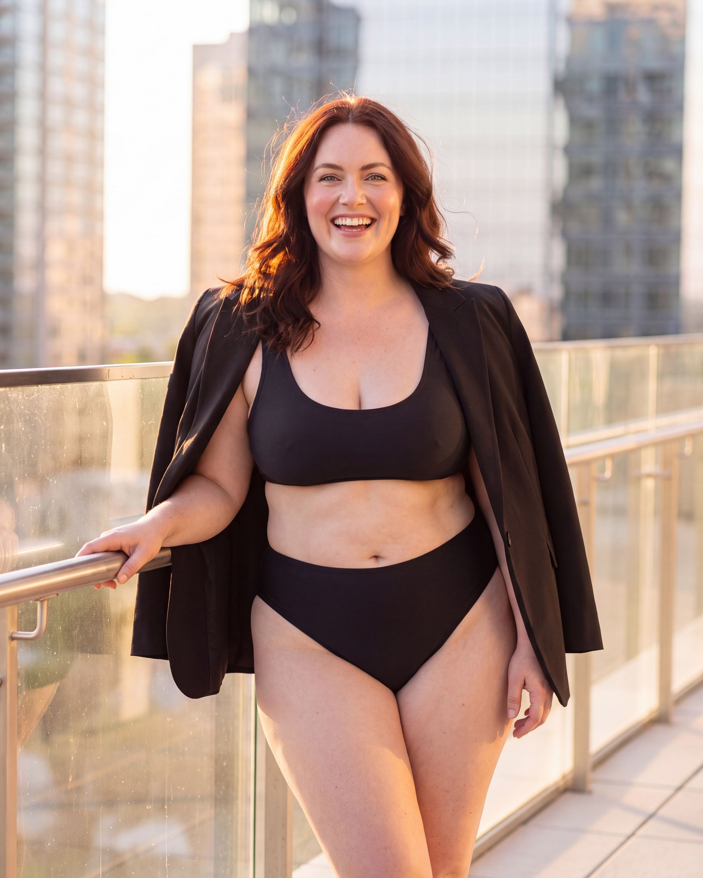 Plus-size woman with a golden tan on a high-rise terrace at golden hour, a black blazer over her shoulders