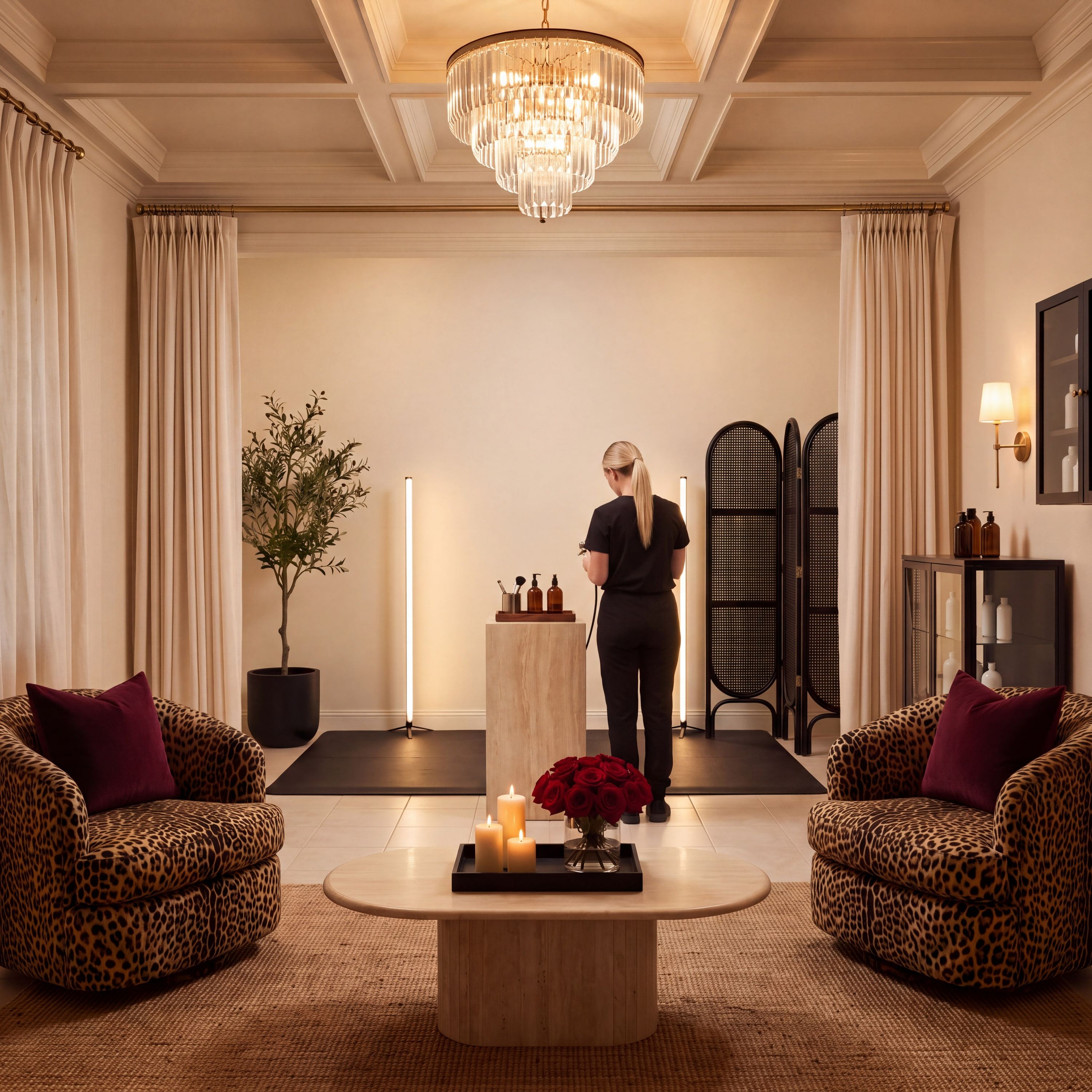 A candlelit spray tan suite with leopard-print armchairs, red roses on a travertine table, and an artist in black preparing at a plinth beneath a crystal chandelier