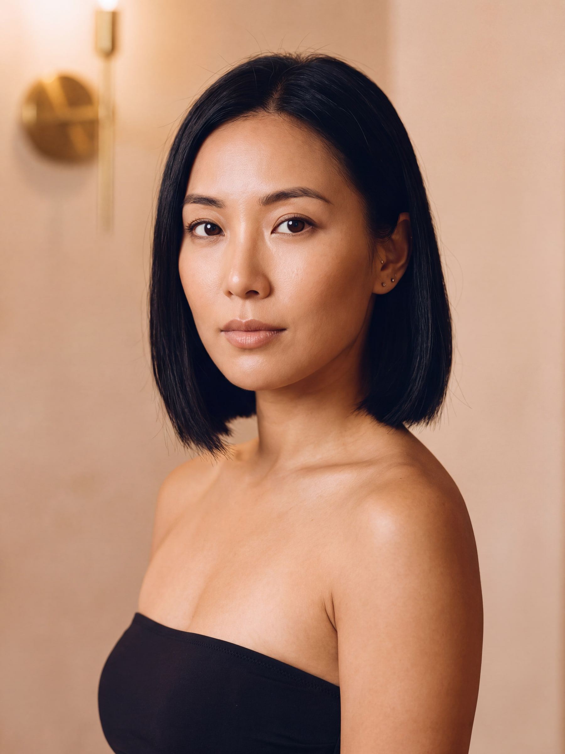AI rendering: the same woman with light-medium skin after a custom spray tan