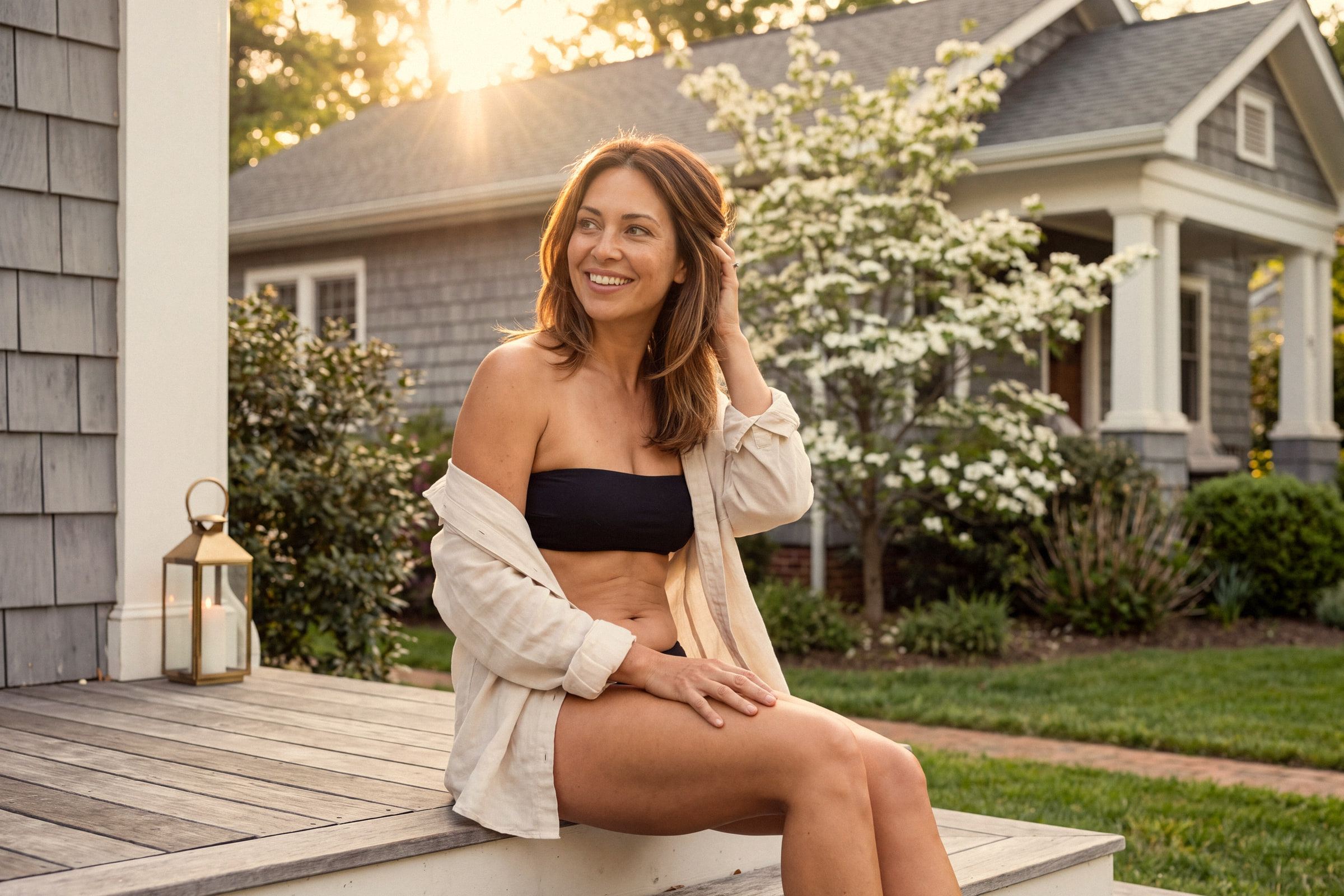 Woman with a golden custom spray tan relaxing on a porch deck beside a flowering dogwood at golden hour